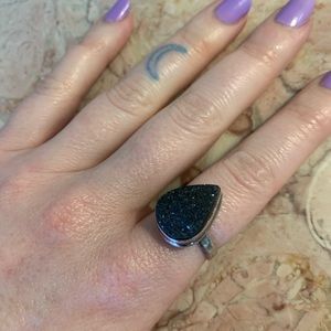 Black Druzy Quartz and Sterling Silver Ring Size 7